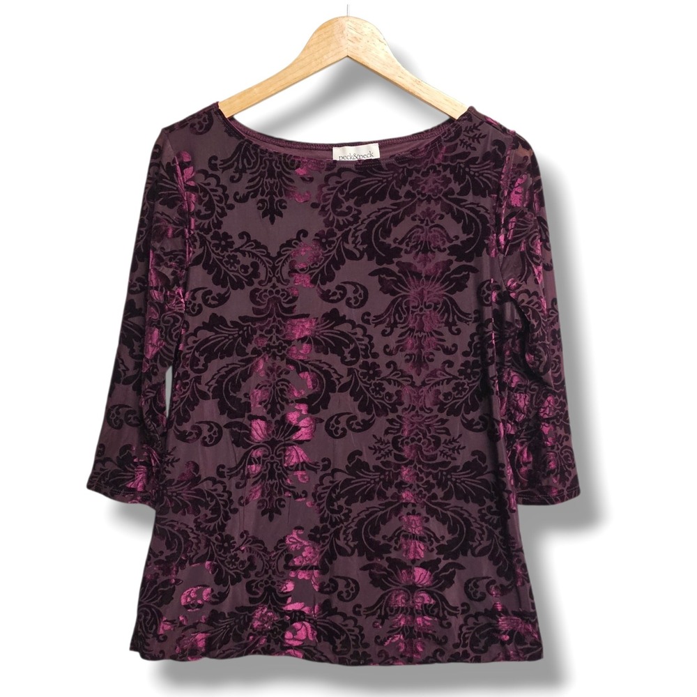 Velvet Burnout Top L Women Purple Burgundy Damask Boat Neck Whimsigoth Dark Fall
